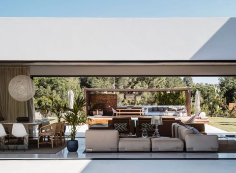 Modern open-concept living room with gray sectional sofa, indoor plants, and expansive glass walls