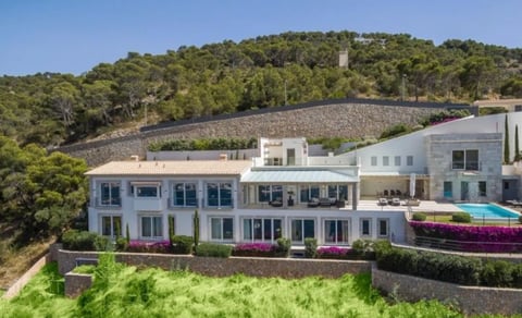 Modern white mansion with blue accents set on a hillside surrounded by lush green landscaping and flowering gardens