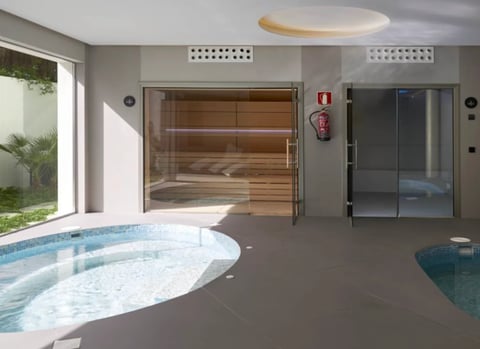 Modern spa facility with hot tub, sauna, and steam room in gray interior with natural light