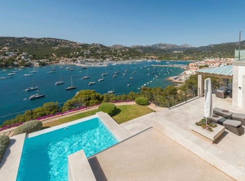 Luxury villa with turquoise swimming pool overlooking a Mediterranean bay